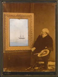 View of a Seascape with a Photo Portrait of the Artist